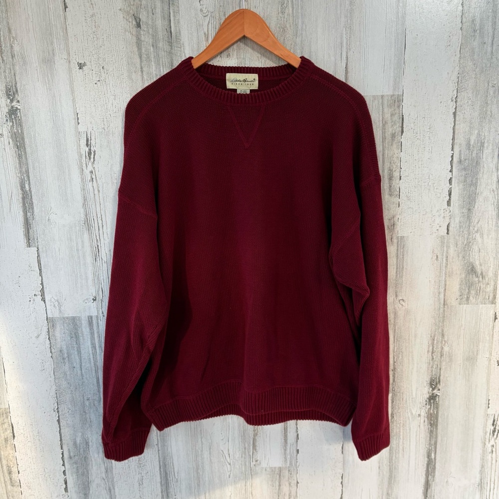 Eddie Bauer Men’s Size XL 100% Cotton Crew Neck Sweater In Dark Wine Tight Knit